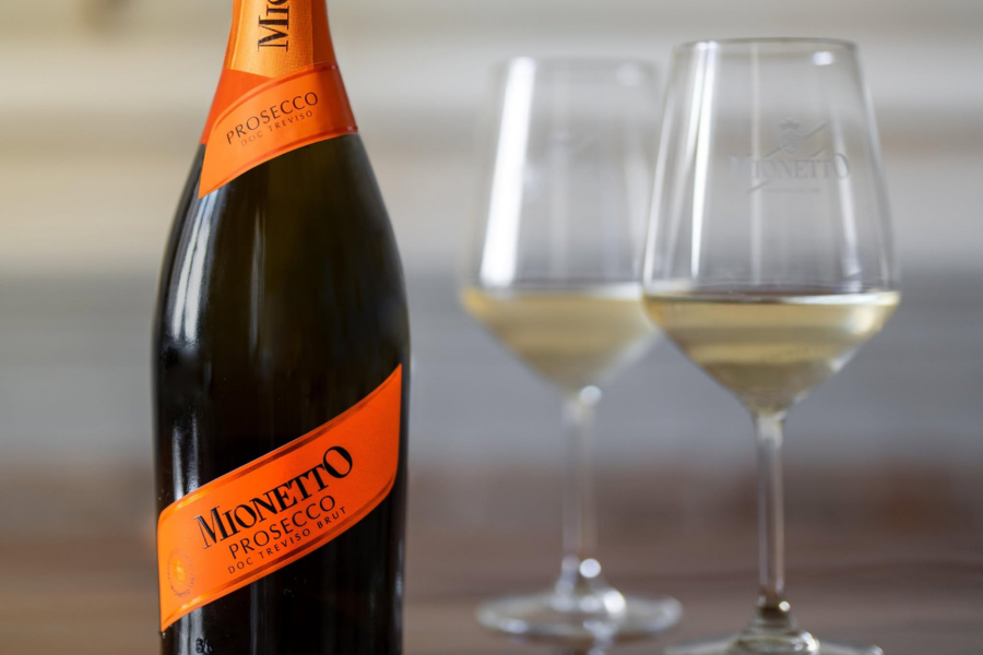 Mionetto Prosecco Bottle with Two Full Wine Glasses